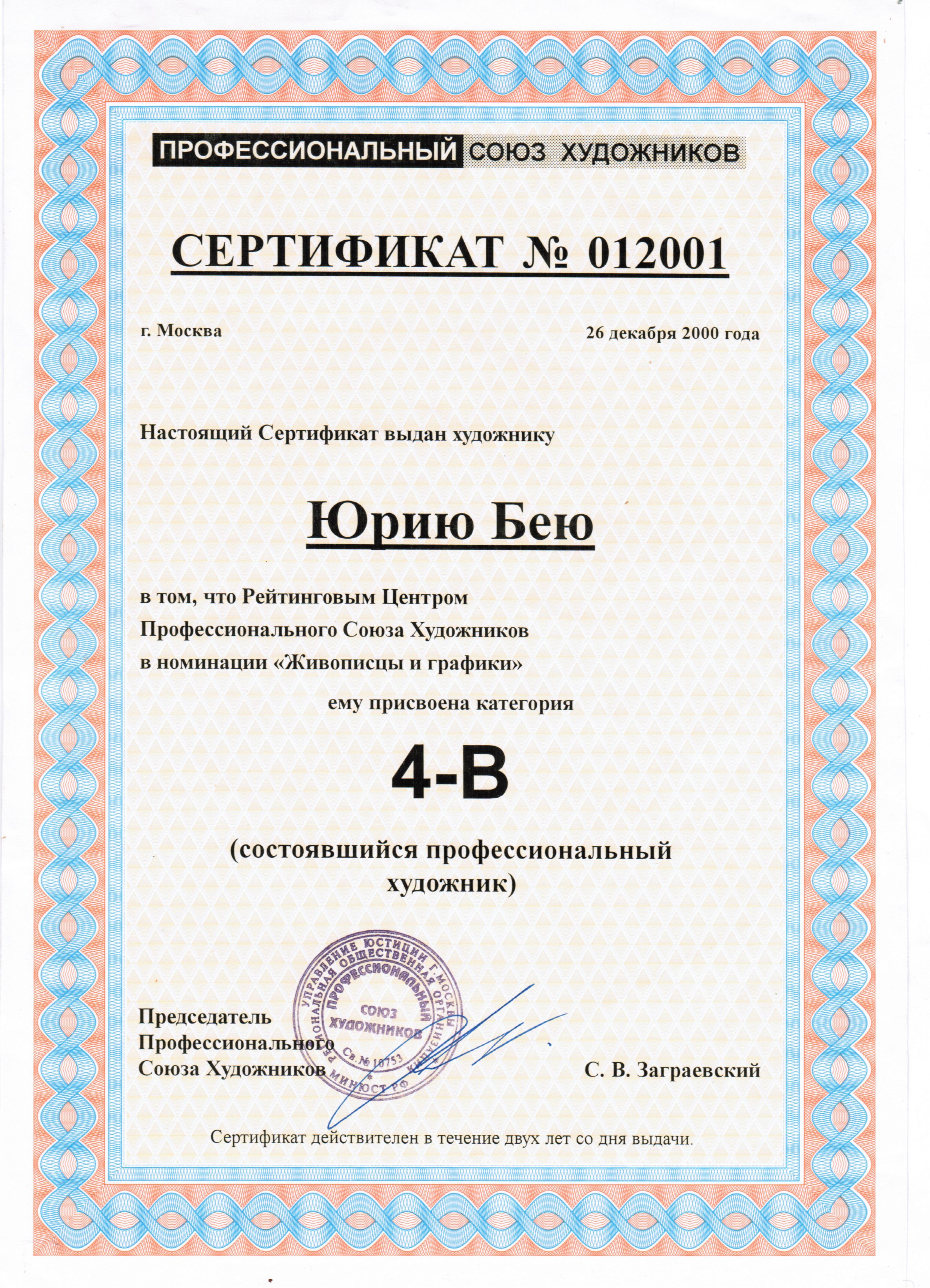 Сертификат Профессионального Художника